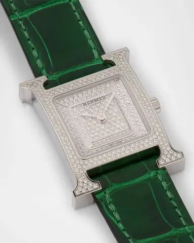 HERMÈS Heure H All Diamond Watch with Green Alligator Strap, 25 mm | Thumbnail 1
