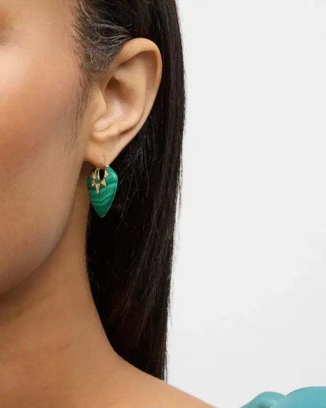 18K Yellow Gold Earrings with Malachite and GH-SI Diamonds, 25x20mm