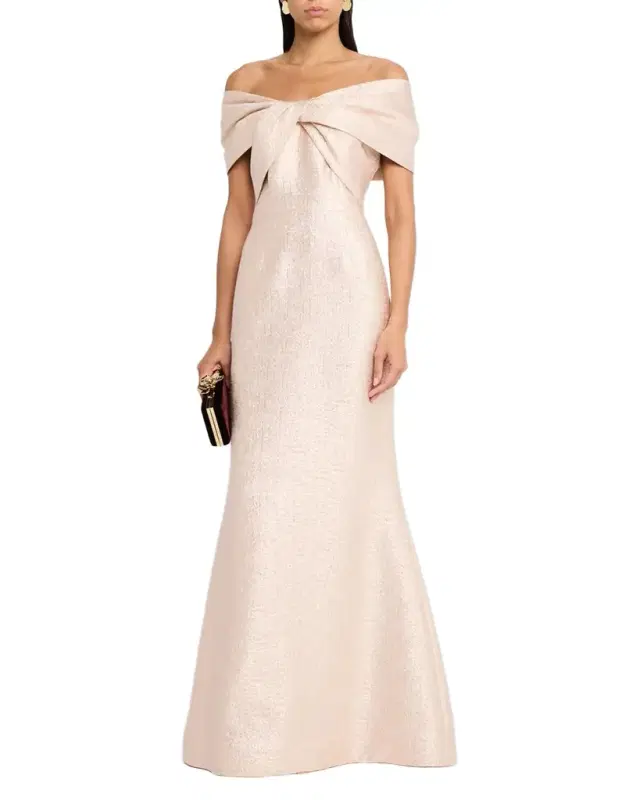 Rickie Freeman for Teri Jon Off-Shoulder Metallic Jacquard Mermaid Gown
