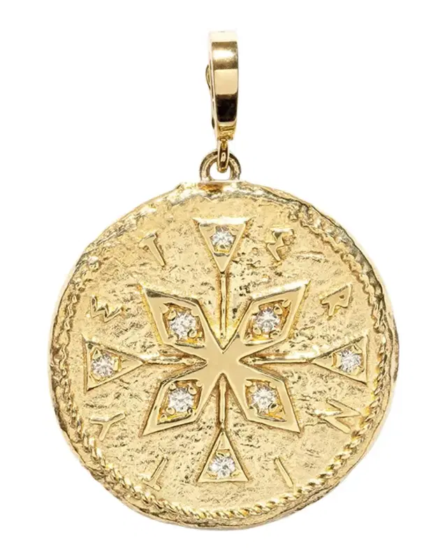 18K Yellow Gold Large Diamond Compass Coin Charm