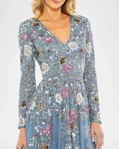 Mac Duggal Floral Beaded Mesh Midi Dress | Thumbnail 3