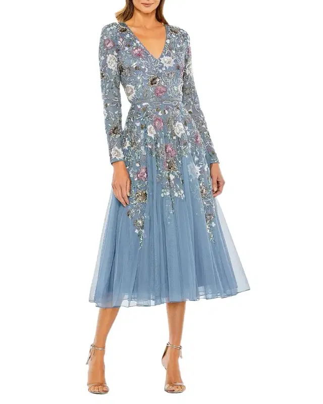 Mac Duggal Floral Beaded Mesh Midi Dress