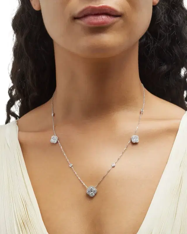 18K White Gold Diamond Flower Station Necklace, 18"L, 3.00tcw