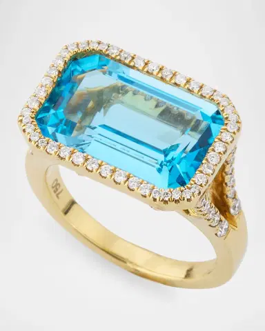 Goshwara 18K Gossip East-West Emerald Cut Blue Topaz Statement Ring with Diamonds | Thumbnail 2