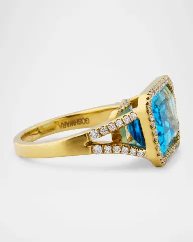 Goshwara 18K Gossip East-West Emerald Cut Blue Topaz Statement Ring with Diamonds | Thumbnail 3