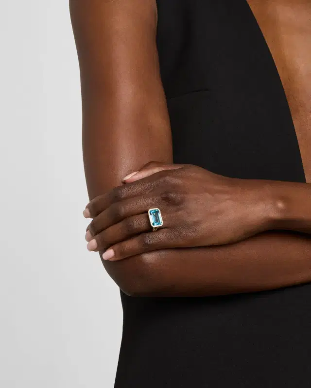 18K Gossip East-West Emerald Cut Blue Topaz Statement Ring with Diamonds