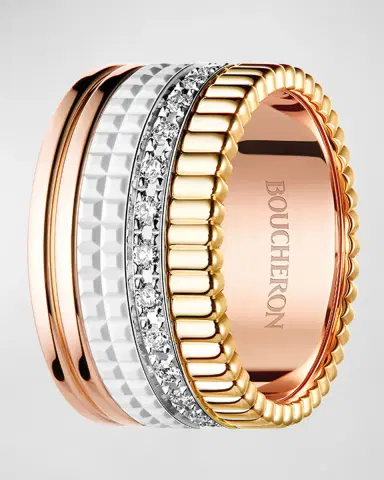 Boucheron Quatre Large Ring in Tricolor Gold with White Ceramic and Diamonds, Size 54 | Thumbnail 3