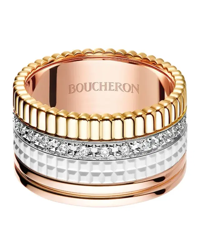 Quatre Large Ring in Tricolor Gold with White Ceramic and Diamonds, Size 54