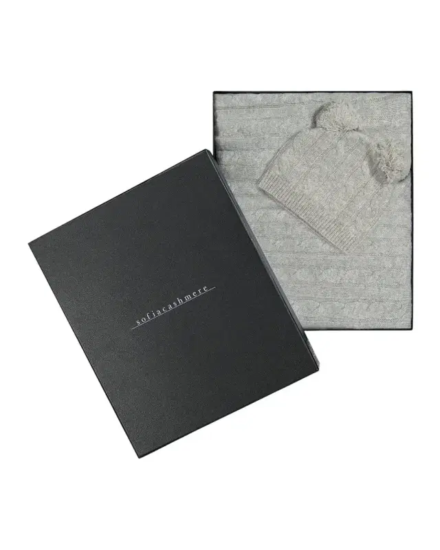 Sofia Cashmere Pure Cashmere Cable-Knit Baby Blanket and 2-Pom Hat Set