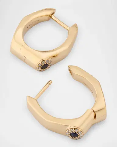 Kastel Jewelry 14K Yellow Gold Rectangle Small Diamond and Sapphire Huggie Earrings | Thumbnail 3