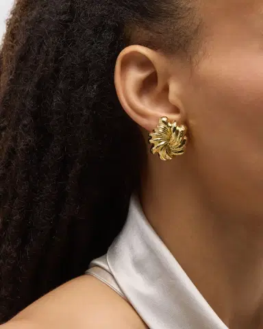 NM Estate Estate Dunay 18K Yellow Gold Hammered and Faceted Finish Floral Swirl Earrings | Thumbnail 2