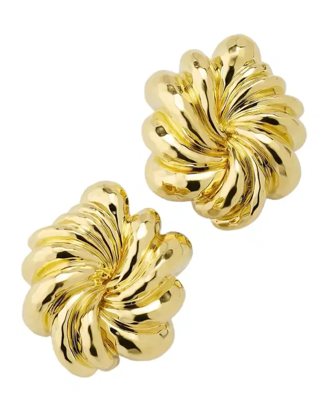 Estate Dunay 18K Yellow Gold Hammered and Faceted Finish Floral Swirl Earrings