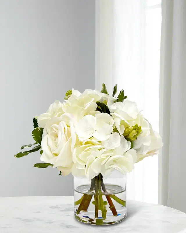 Winward Home Hydrangeas & Roses 9" Faux Floral Arrangement in Glass Vase