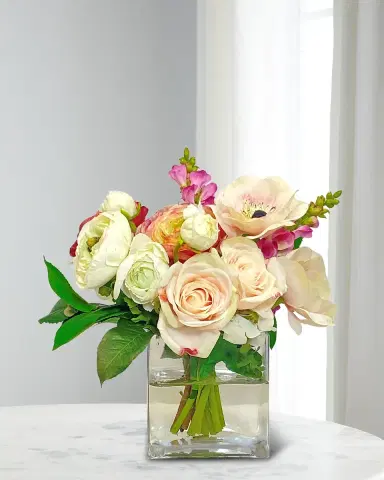 Winward Home Mixed Faux Floral Arrangement in Glass Cube - 12" | Thumbnail 1