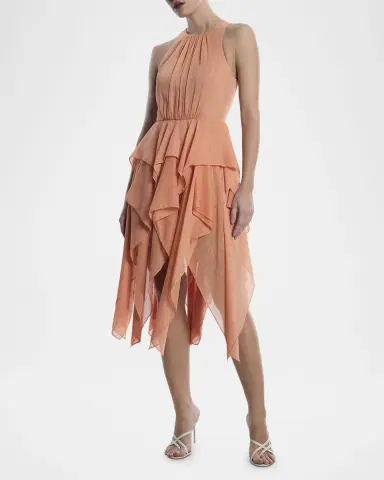 BCBGMAXAZRIA Ruffle Metallic Shimmer Midi Dress | Thumbnail 2 BCBGMAXAZRIA Ruffle Metallic Shimmer Midi Dress | Thumbnail 2