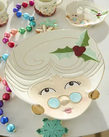 Glitterville Mrs. Papa Noel Ceramic Platter, Red | Thumbnail 1