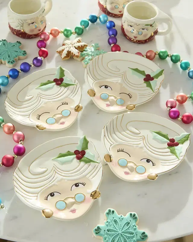 Glitterville Mrs. Papa Noel Ceramic Christmas Plates, Set of 4