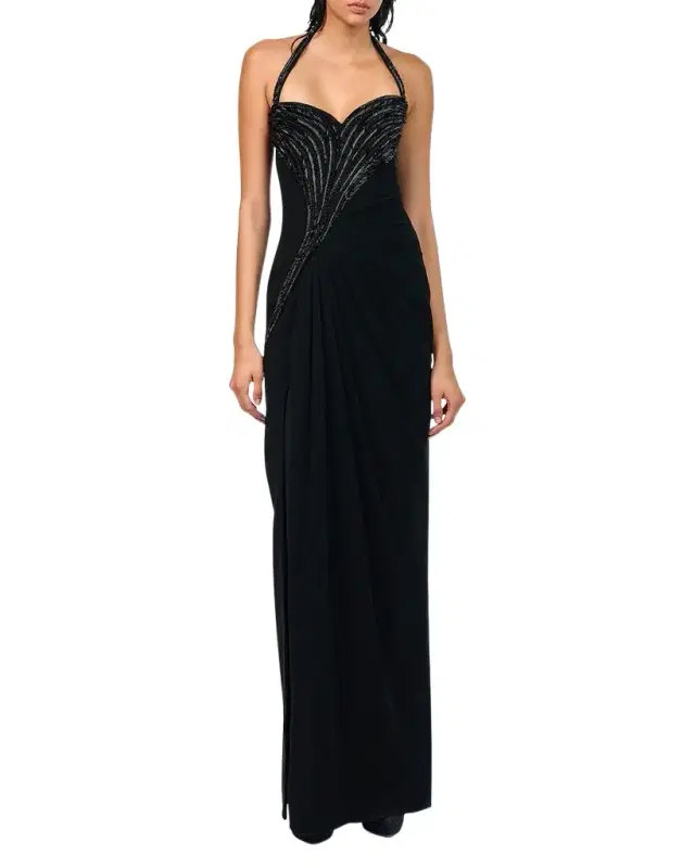 Athena Embroidered Draped Halter Gown
