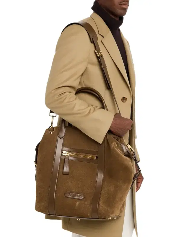 Men 's Suede and Leather Side-Buckle Tote Bag