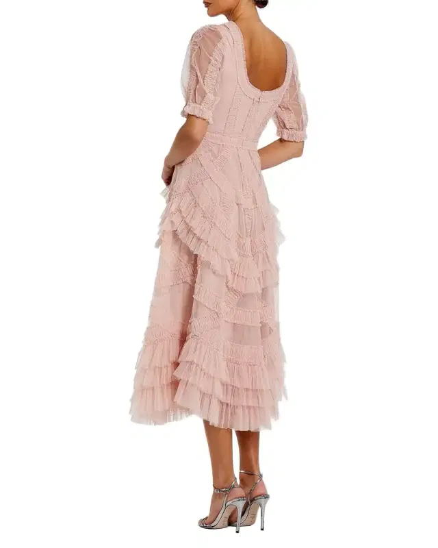 Mac Duggal Mesh Ruffled Scoopneck Midi-Dress