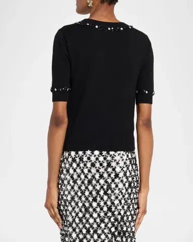 Oscar de la Renta Sequin Flower Short-Sleeve Knit Sweater | Thumbnail 3