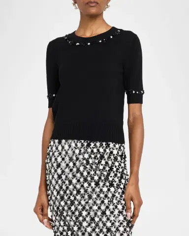 Oscar de la Renta Sequin Flower Short-Sleeve Knit Sweater | Thumbnail 4