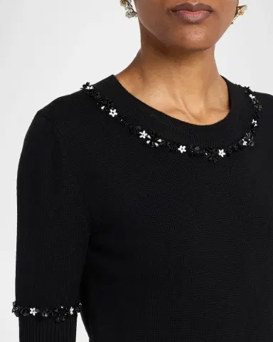 Oscar de la Renta Sequin Flower Short-Sleeve Knit Sweater | Thumbnail 5