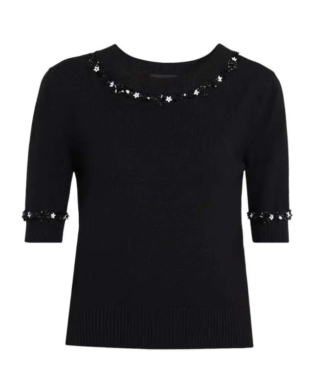 Sequin Flower Short-Sleeve Knit Sweater
