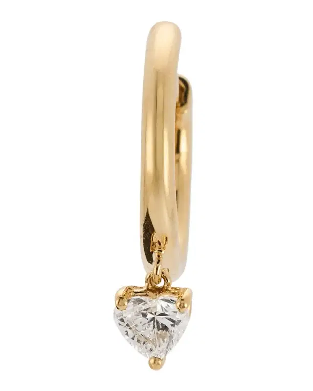 18K Yellow Gold Huggie Earring with Heart Diamond Drop, Single