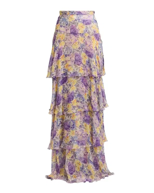 Tiered Floral Silk Chiffon Maxi Skirt