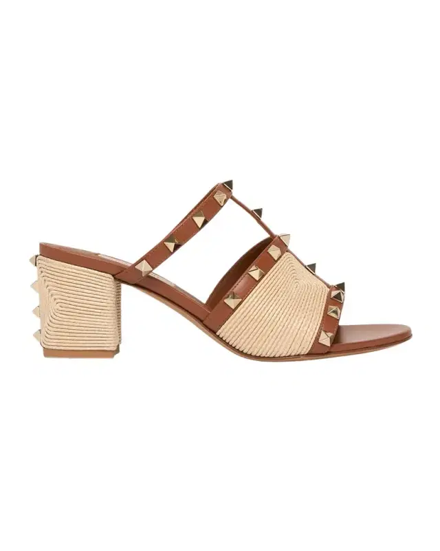 60mm Rockstud Raffia Block-Heel Slide Sandals