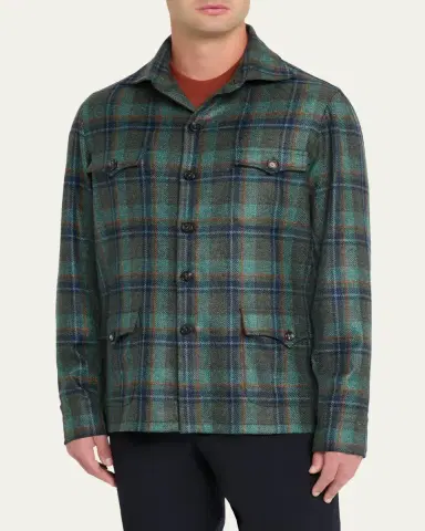 Cesare Attolini Men's Cashmere Plaid Four-Pocket Overshirt | Thumbnail 4