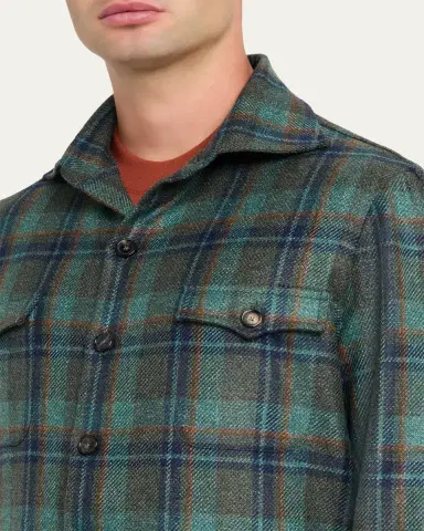 Cesare Attolini Men's Cashmere Plaid Four-Pocket Overshirt | Thumbnail 5
