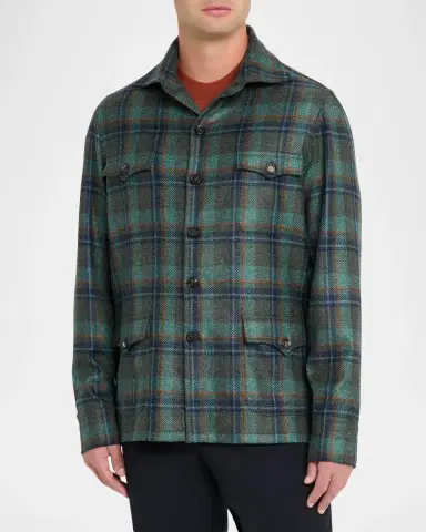 Cesare Attolini Men's Cashmere Plaid Four-Pocket Overshirt | Thumbnail 8