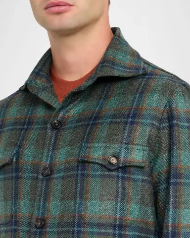 Cesare Attolini Men's Cashmere Plaid Four-Pocket Overshirt | Thumbnail 9