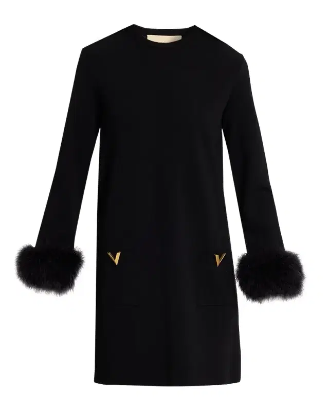 Feather-Cuffs Knit Mini Shift Dress