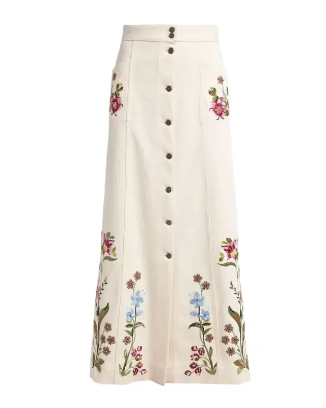 Floral Embroidered Denim Button-Front Maxi Skirt