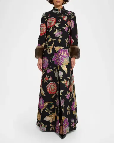 Valentino Garavani Sheep Shearling-Cuffs Metallic Floral Jacquard Long Coat | Thumbnail 2