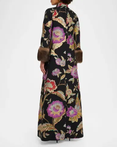 Valentino Garavani Sheep Shearling-Cuffs Metallic Floral Jacquard Long Coat | Thumbnail 3