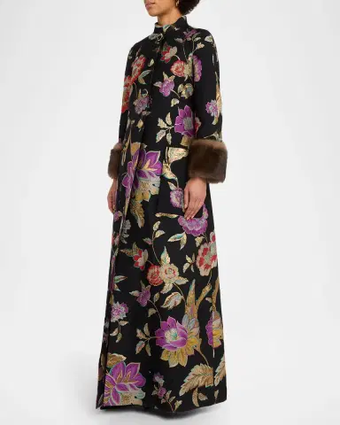Valentino Garavani Sheep Shearling-Cuffs Metallic Floral Jacquard Long Coat | Thumbnail 4