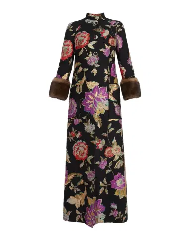Valentino Garavani Sheep Shearling-Cuffs Metallic Floral Jacquard Long Coat | Thumbnail 1