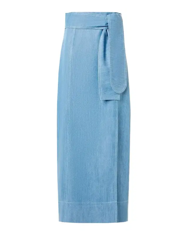 Side-Slit Belted Denim Midi Pencil Skirt