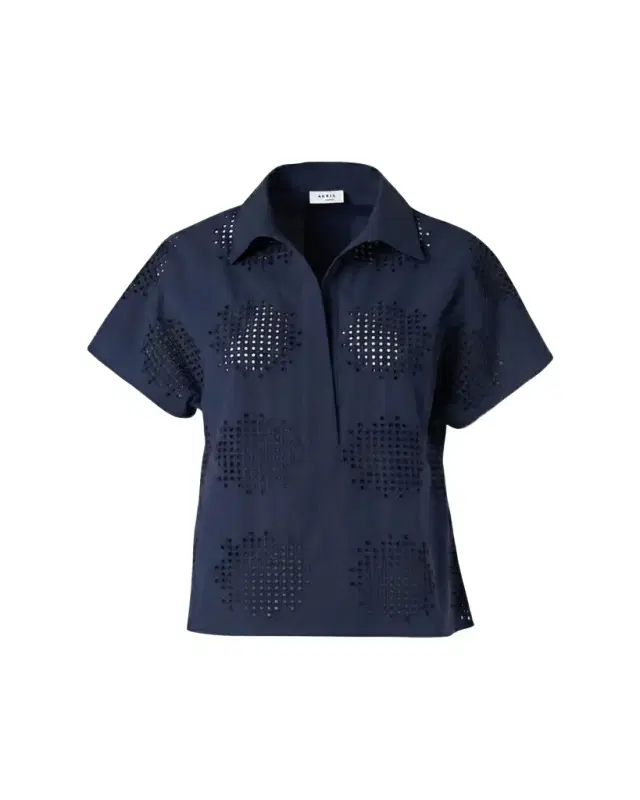 Eyelet Cotton Poplin Cap-Sleeve Collared Blouse