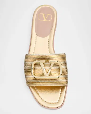 Valentino Garavani VLogo Metallic Corded Leather Flat Slide Sandals | Thumbnail 3 Valentino Garavani VLogo Metallic Corded Leather Flat Slide Sandals | Thumbnail 3