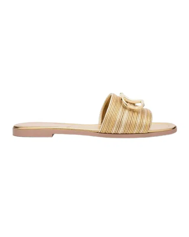 VLogo Metallic Corded Leather Flat Slide Sandals