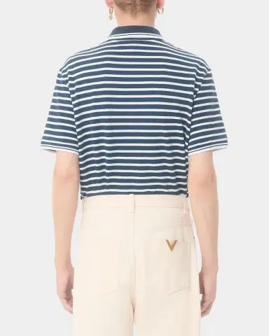Valentino Garavani Men 's Stripe Cotton Pique Polo Shirt with VLogo Patch | Thumbnail 3