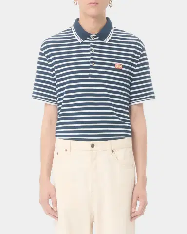 Valentino Garavani Men 's Stripe Cotton Pique Polo Shirt with VLogo Patch | Thumbnail 4