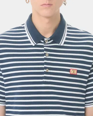 Valentino Garavani Men 's Stripe Cotton Pique Polo Shirt with VLogo Patch | Thumbnail 6