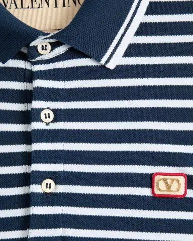 Valentino Garavani Men 's Stripe Cotton Pique Polo Shirt with VLogo Patch | Thumbnail 7