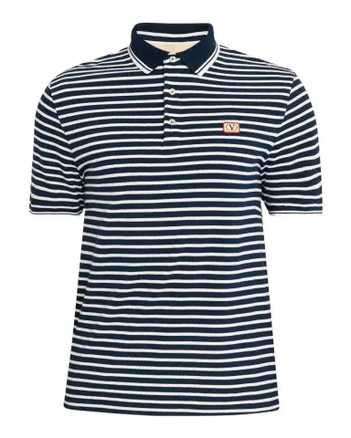 Valentino Garavani Men 's Stripe Cotton Pique Polo Shirt with VLogo Patch | Thumbnail 1